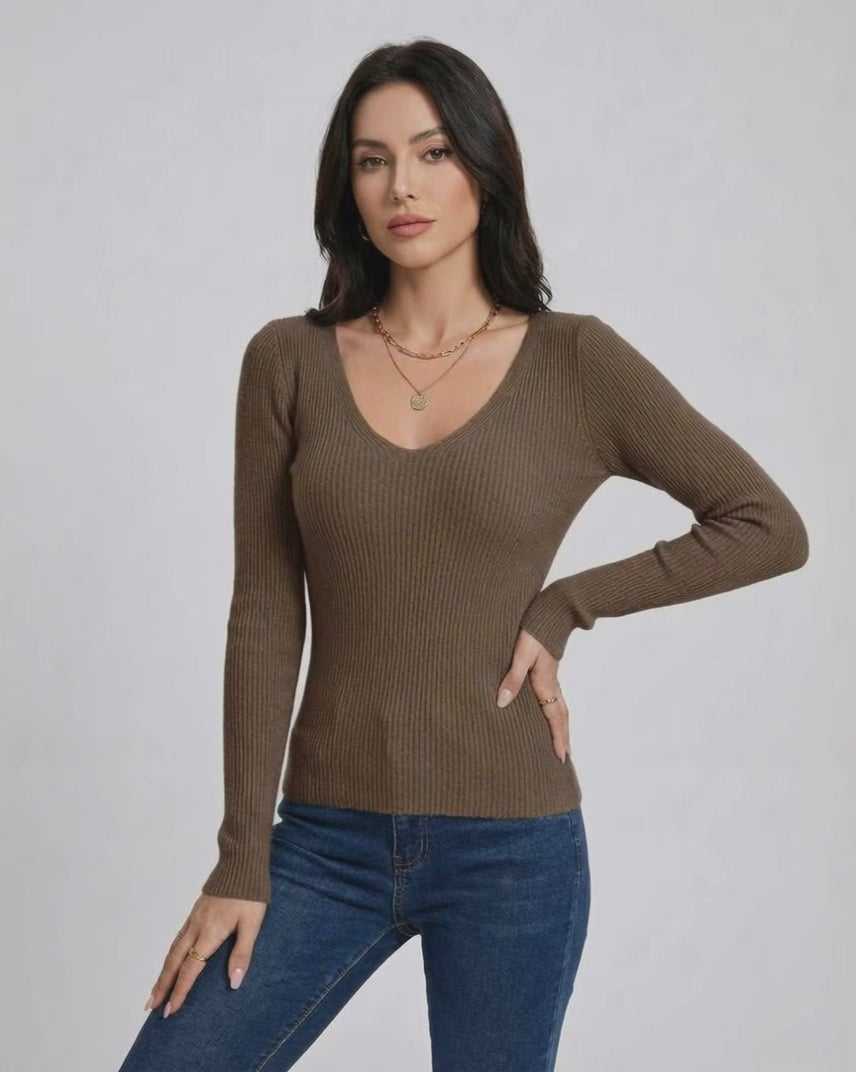 Espresso Pullover by Lauven – Women's V-neck ribbed sweater in brown, slim fit, long sleeve for stylish casual looks.