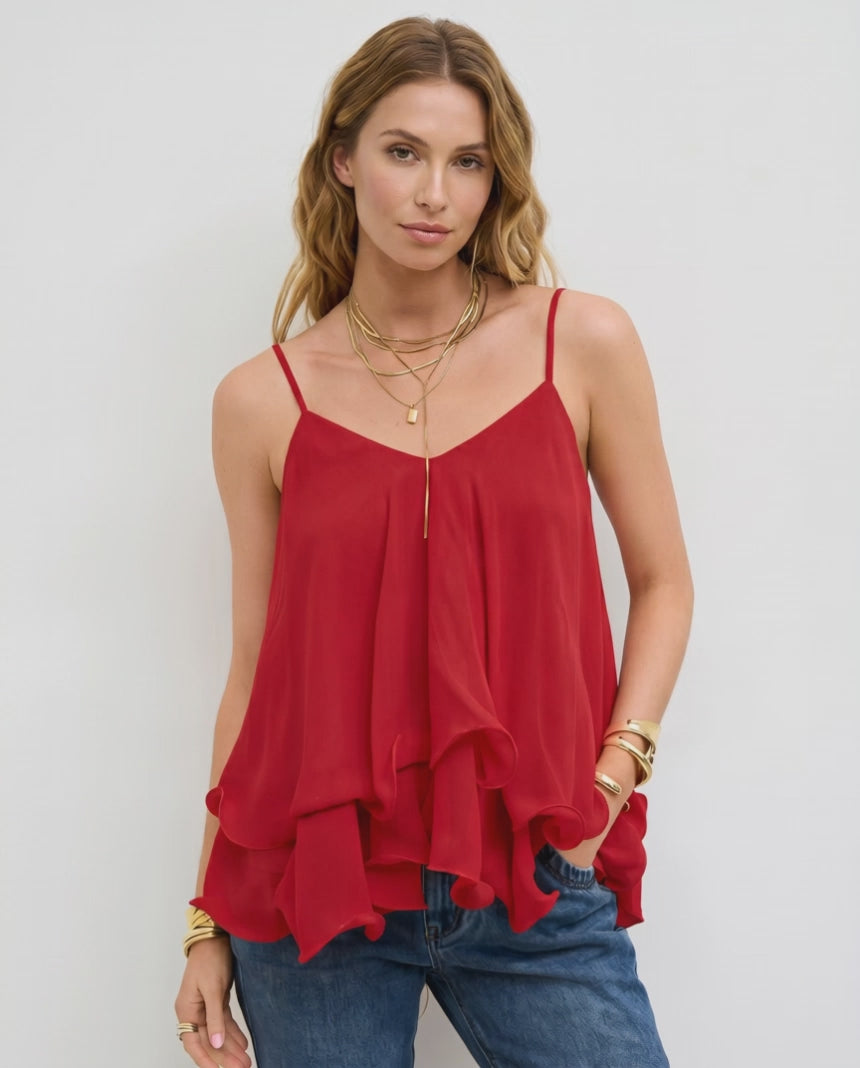 Aureline Top by Lauven — women’s layered chiffon top with V-neck spaghetti straps and flowy ruffle hem