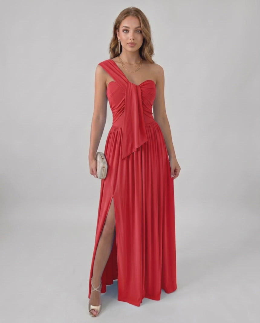 Serelune Maxi Dress by Lauven — stretch satin sleeveless one-shoulder A-line maxi dress