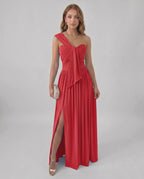 Serelune Maxi Dress by Lauven — stretch satin sleeveless one-shoulder A-line maxi dress
