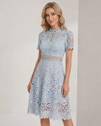 Aurelia Midi Dress by Lauven — lace short sleeve high neck A-line midi dress