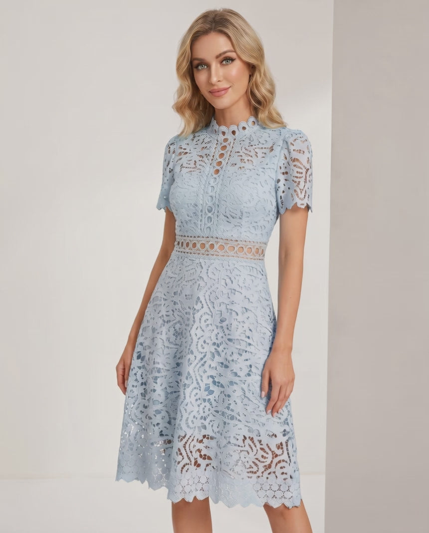 Aurelia Midi Dress by Lauven — lace short sleeve high neck A-line midi dress