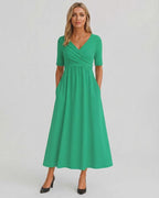 Velmira Midi Dress by Lauven — soft stretch short sleeve V-neck A-line midi dress