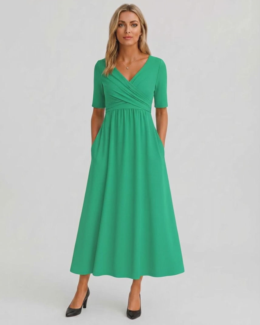 Velmira Midi Dress by Lauven — soft stretch short sleeve V-neck A-line midi dress