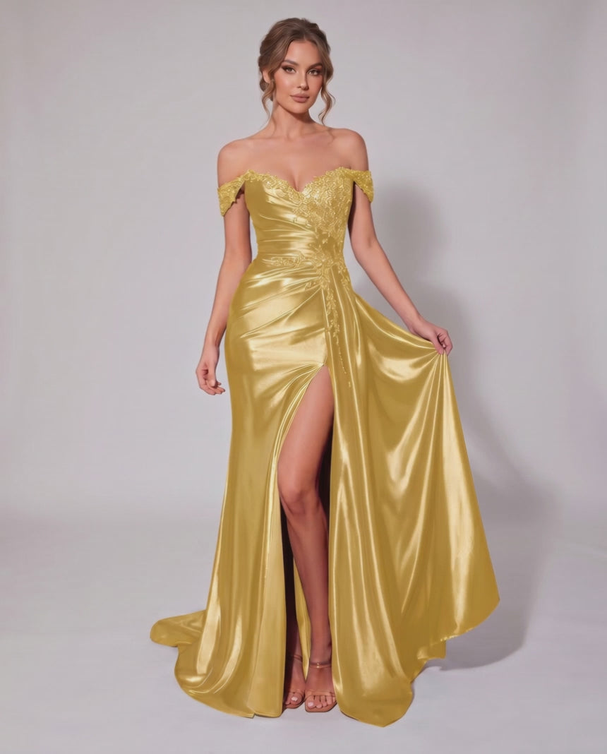 Veloura Maxi Dress by Lauven — satin off-shoulder sweetheart mermaid maxi dress