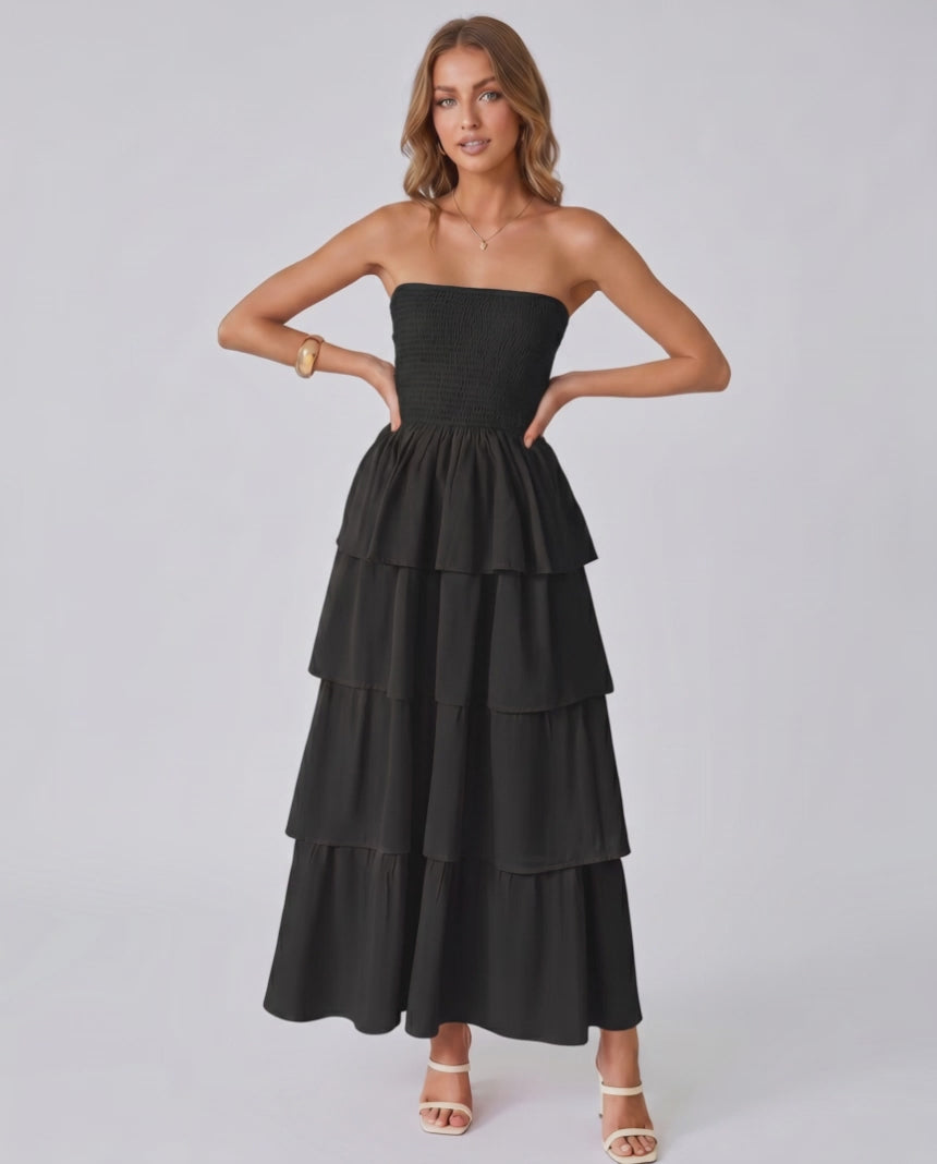 Solenne Maxi Dress by Lauven — lightweight sleeveless strapless tiered maxi dress