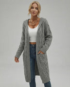 Aspen Cardigan by Lauven - Women's long cable knit sweater for fall and winter in grey.
