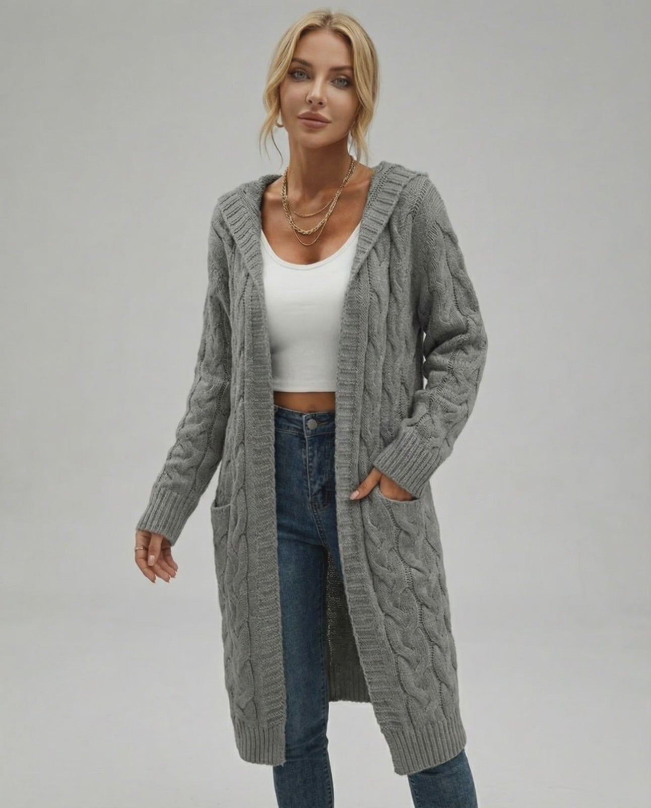 Aspen Cardigan by Lauven - Women's long cable knit sweater for fall and winter in grey.