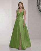Zafira Maxi Dress - Green Satin A-Line Maxi Dress with Wrap Slit and Bow Waist by Lauven