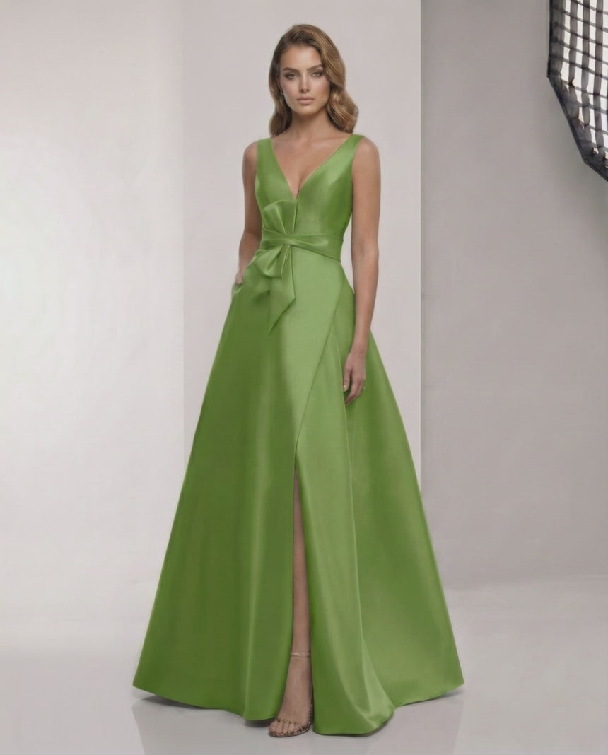 Zafira Maxi Dress - Green Satin A-Line Maxi Dress with Wrap Slit and Bow Waist by Lauven