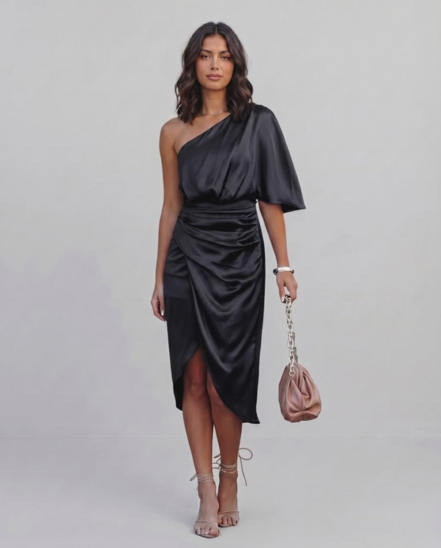 Veloura Midi Dress by Lauven — satin one shoulder draped midi dress with slit