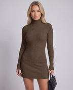 Veloura Mini Dress by Lauven — ribbed knit long sleeve high neck slim fit mini dress