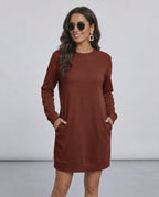 Terra Mini Dress by Lauven in rich brown, casual O neck long sleeve sweatshirt style with pockets.
