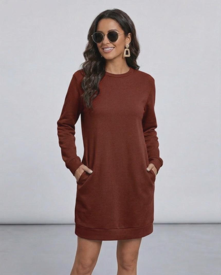 Terra Mini Dress by Lauven in rich brown, casual O neck long sleeve sweatshirt style with pockets.