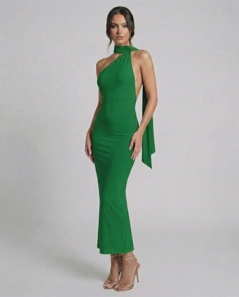 Ivy Maxi Dress by Lauven in rich green, featuring halter neck and open back design for an elegant look.