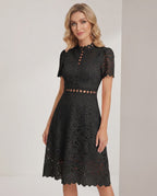 Aurelia Midi Dress by Lauven — lace short sleeve high neck A-line midi dress