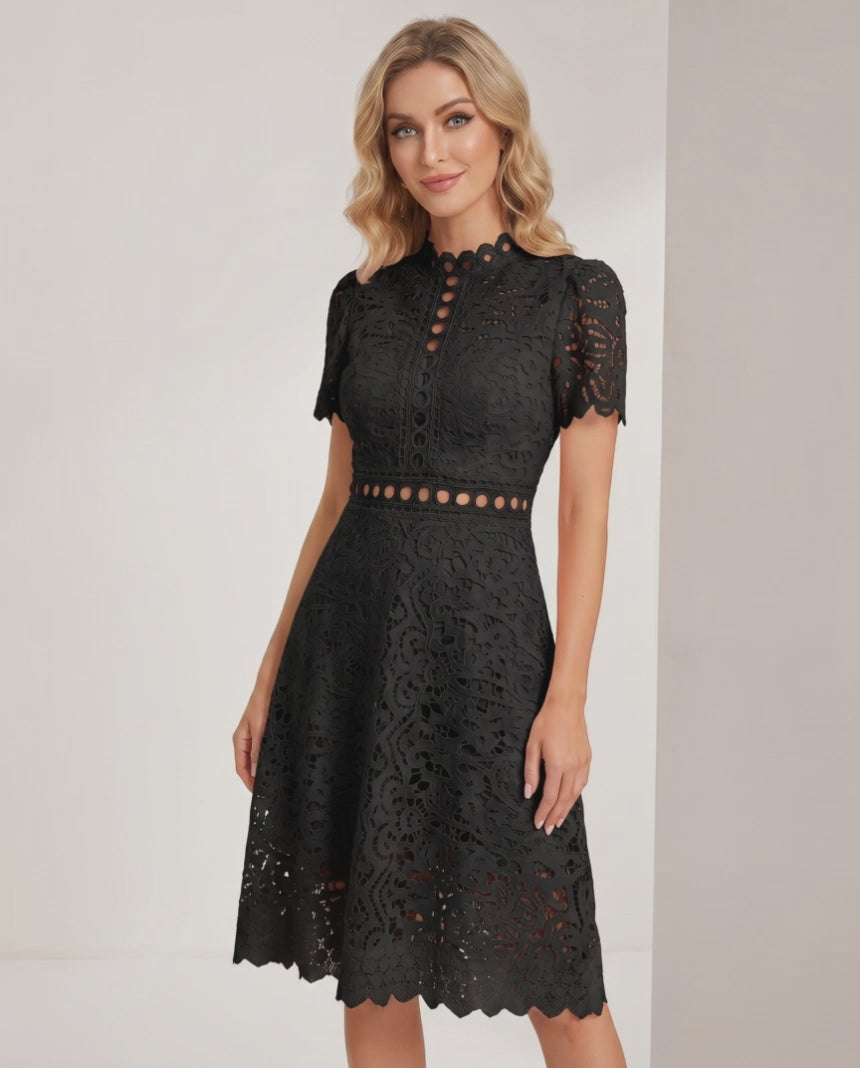 Aurelia Midi Dress by Lauven — lace short sleeve high neck A-line midi dress