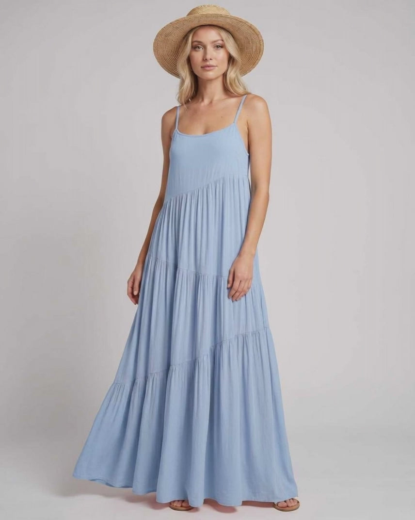 Solenne Maxi Dress by Lauven — rayon blend sleeveless scoop neck tiered A-line maxi dress
