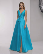 Zephyra Maxi Dress, teal satin A-line, wrap slit, bow waist for elegant occasions by Lauven.