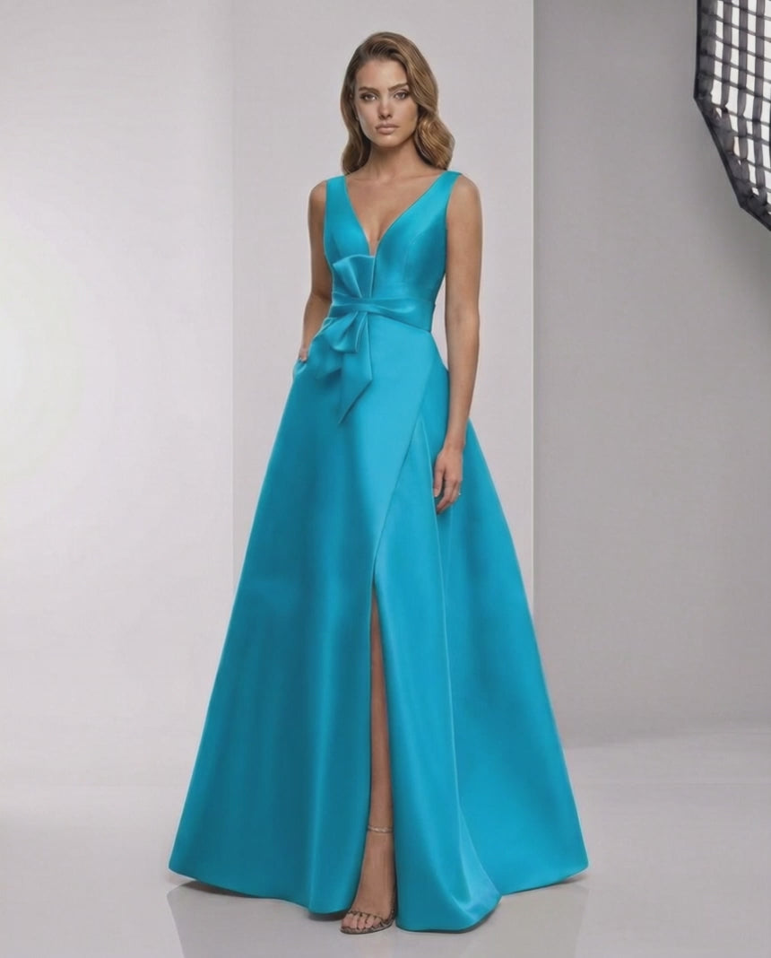 Zephyra Maxi Dress, teal satin A-line, wrap slit, bow waist for elegant occasions by Lauven.