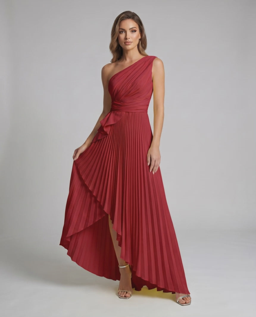 Aureline Maxi Dress by Lauven — pleated satin one shoulder A-line maxi dress with ruffle slit