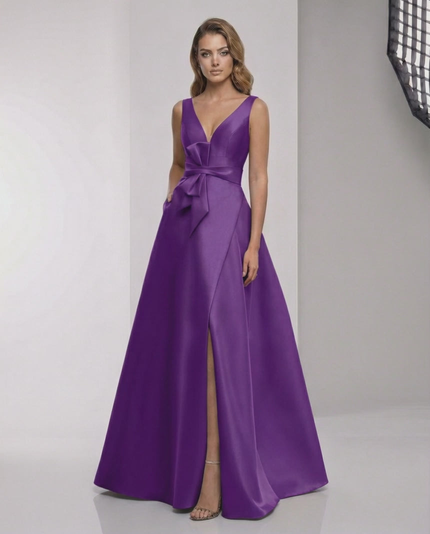 Sienna Maxi Dress - Purple satin A-line dress with wrap slit and bow waist by Lauven, embodying elegance and sophistication.