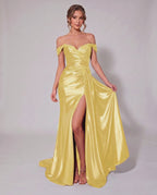 Veloura Maxi Dress by Lauven — satin off-shoulder sweetheart mermaid maxi dress