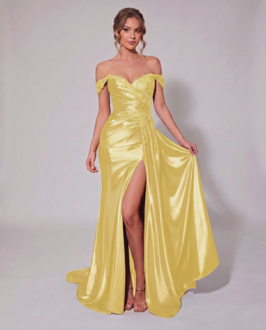 Veloura Maxi Dress by Lauven — satin off-shoulder sweetheart mermaid maxi dress