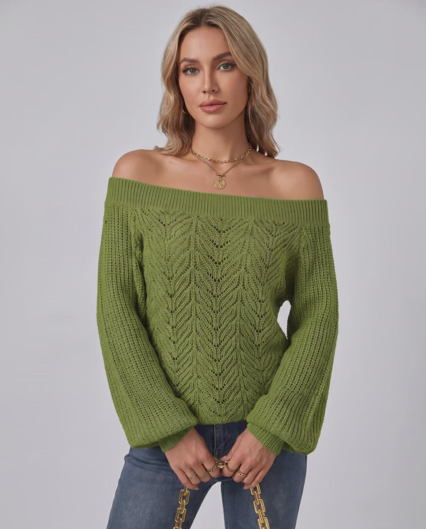 Veloura Sweater by Lauven — women’s off shoulder knit sweater with lantern sleeves and hollow knit texture