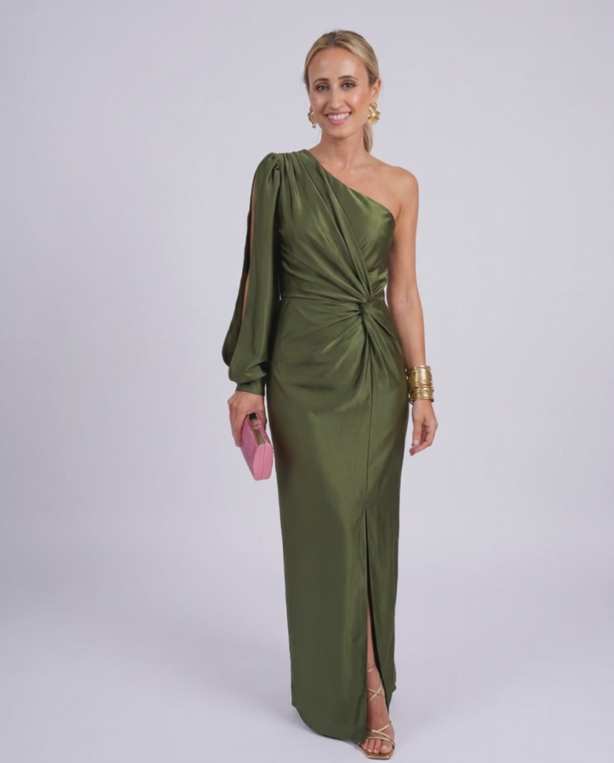 Veloura Maxi Dress by Lauven — satin one-shoulder long sleeve draped maxi dress