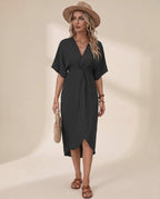 Elara Midi Dress by Lauven — premium short sleeve V-neck wrap style midi dress