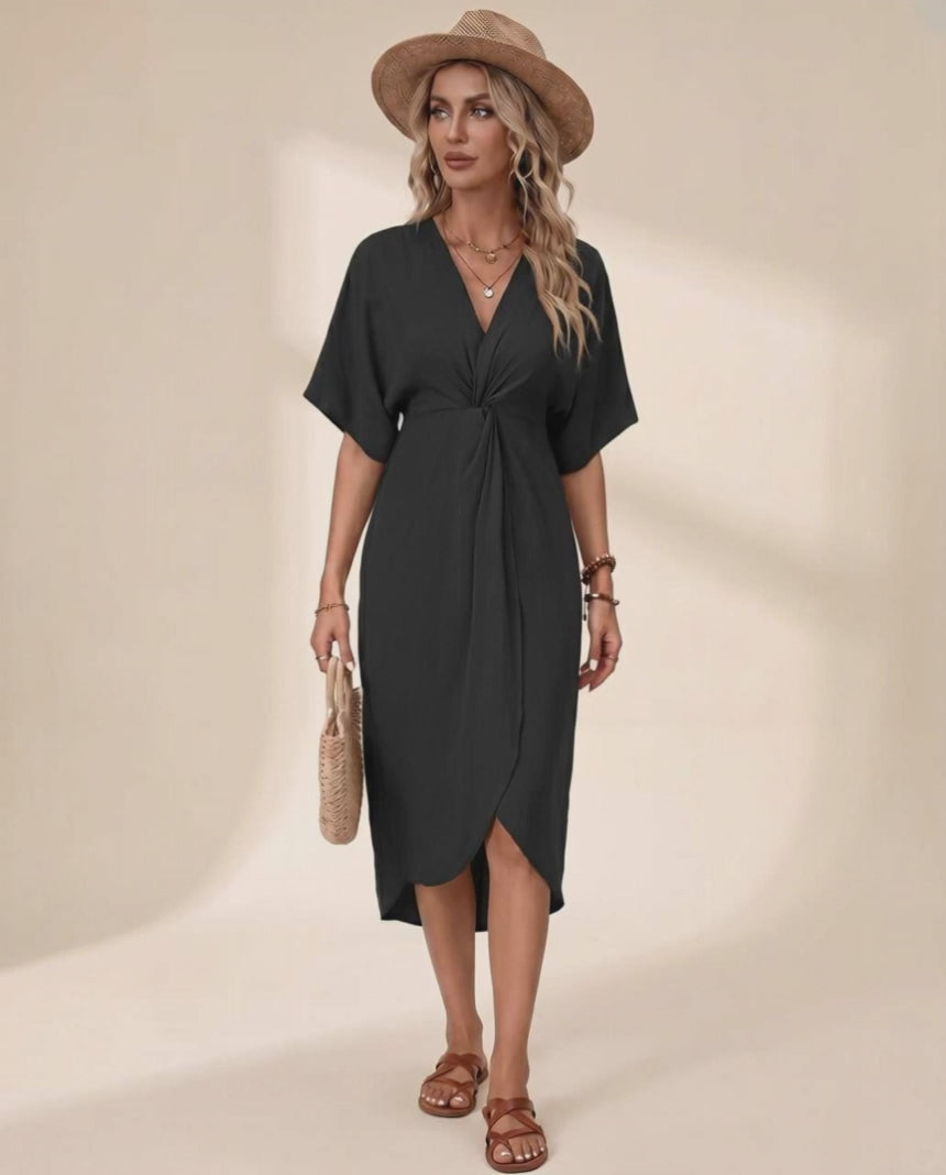 Elara Midi Dress by Lauven — premium short sleeve V-neck wrap style midi dress
