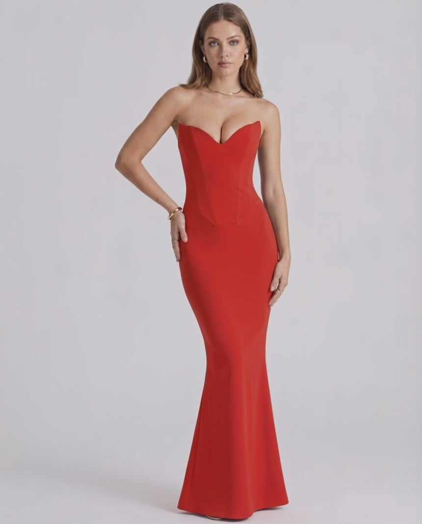 Valencia Maxi Dress - Red strapless dress with sweetheart neckline and mermaid silhouette from Lauven.
