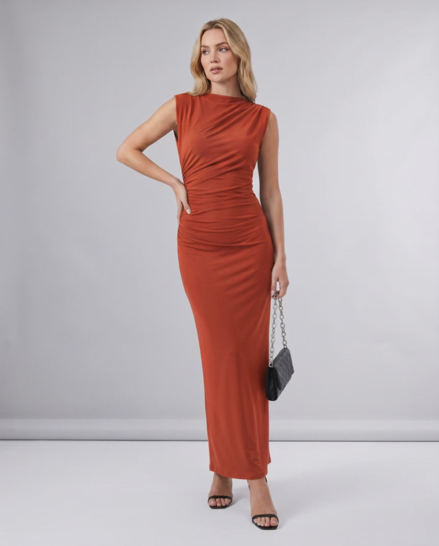 Aureli Maxi Dress by Lauven — stretch polyester sleeveless high neck fitted maxi dress