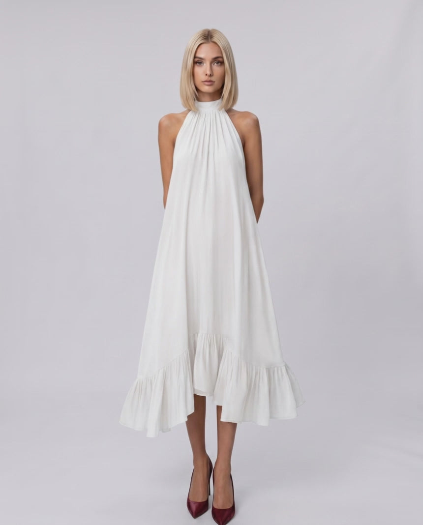 Veloura Midi Dress by Lauven — chiffon sleeveless high halter neck loose swing midi dress