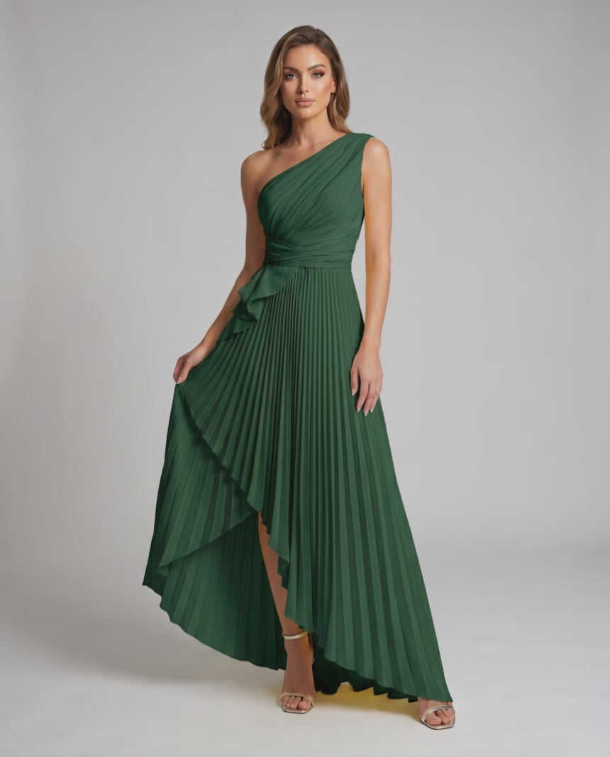 Aureline Maxi Dress by Lauven — pleated satin one shoulder A-line maxi dress with ruffle slit
