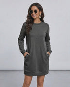 Astrid Mini Dress by Lauven, casual dark charcoal sweatshirt dress with pockets, perfect for year-round wear.