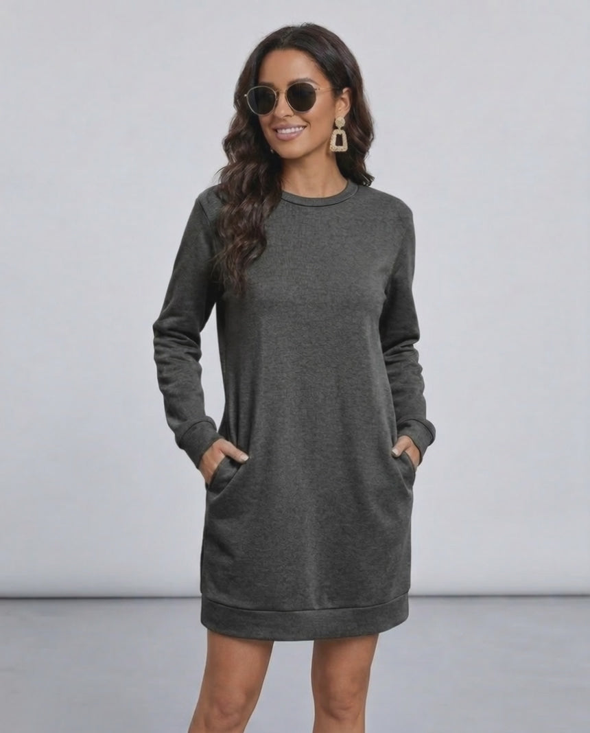 Astrid Mini Dress by Lauven, casual dark charcoal sweatshirt dress with pockets, perfect for year-round wear.
