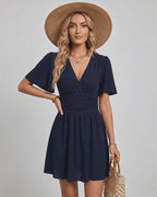 Calista Mini Dress by Lauven — chiffon ruffled short sleeve V-neck A-line mini dress