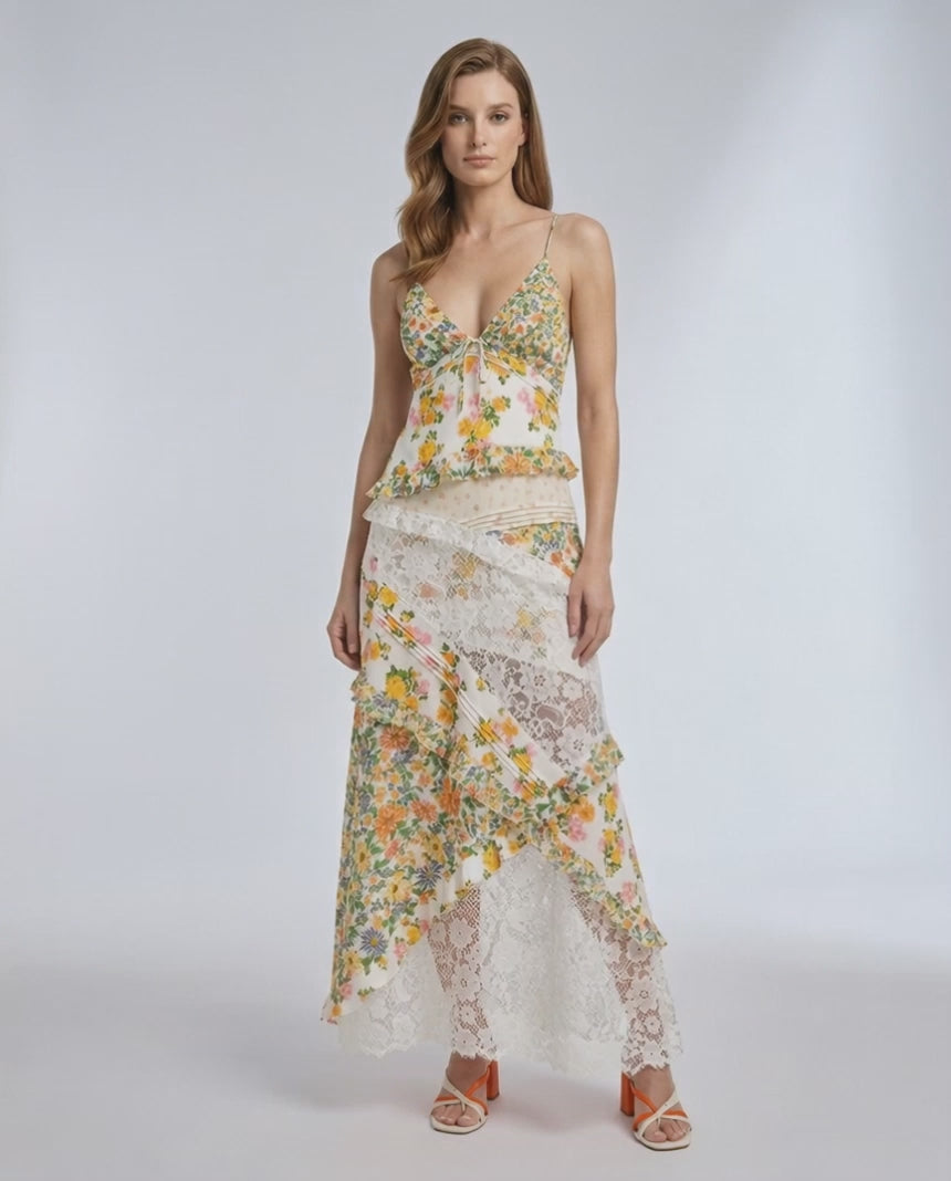 Elara Maxi Dress - Floral Lace Ruffle V-Neck Dress by Lauven, featuring delicate patterns and airy feel.