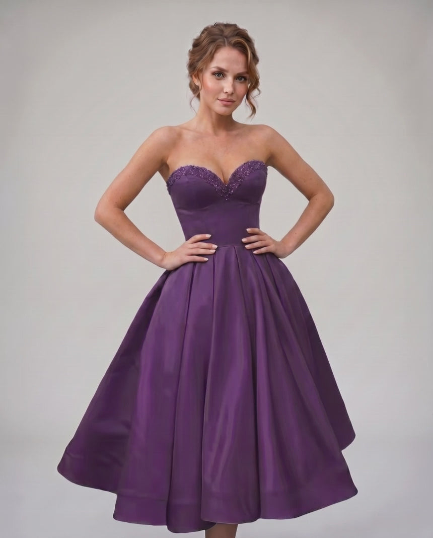Veloura Midi Dress by Lauven — satin strapless sweetheart A-line midi dress