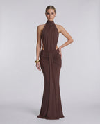 Aurelia Maxi Dress by Lauven, featuring stretch fabric and high neck, perfect for elegant evening occasions.