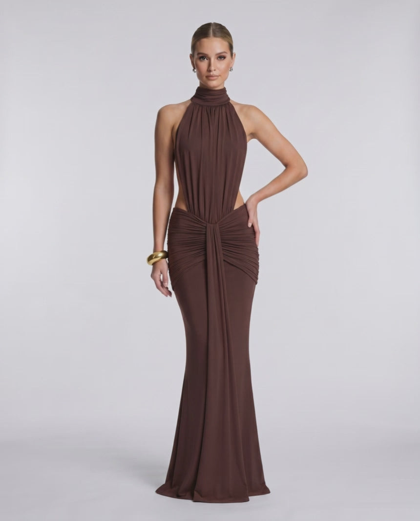 Aurelia Maxi Dress by Lauven, featuring stretch fabric and high neck, perfect for elegant evening occasions.