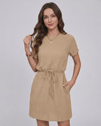 Aveline Mini Dress by Lauven — textured short sleeve round neck A-line mini dress with tie waist