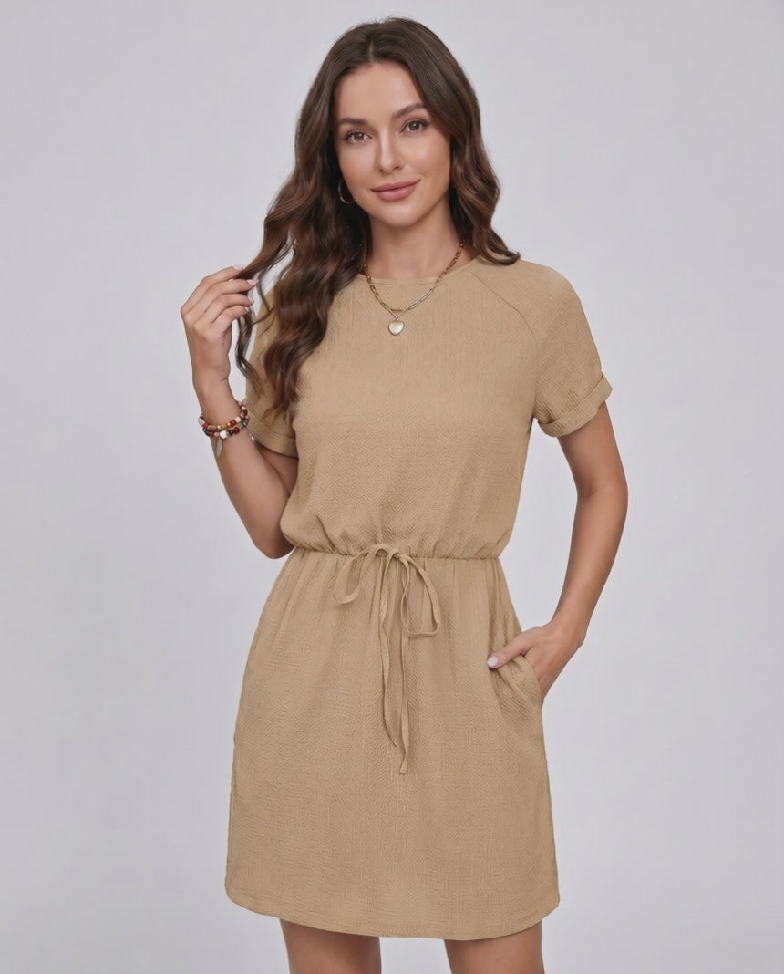 Aveline Mini Dress by Lauven — textured short sleeve round neck A-line mini dress with tie waist