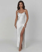 Celadon Maxi Dress by Lauven in luxe satin finish with asymmetrical slit for elegant evening wear.