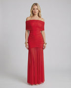 Noirline Maxi Dress by Lauven, off-shoulder, ruched bodice, flowing sheer lower panel, elegant movement.