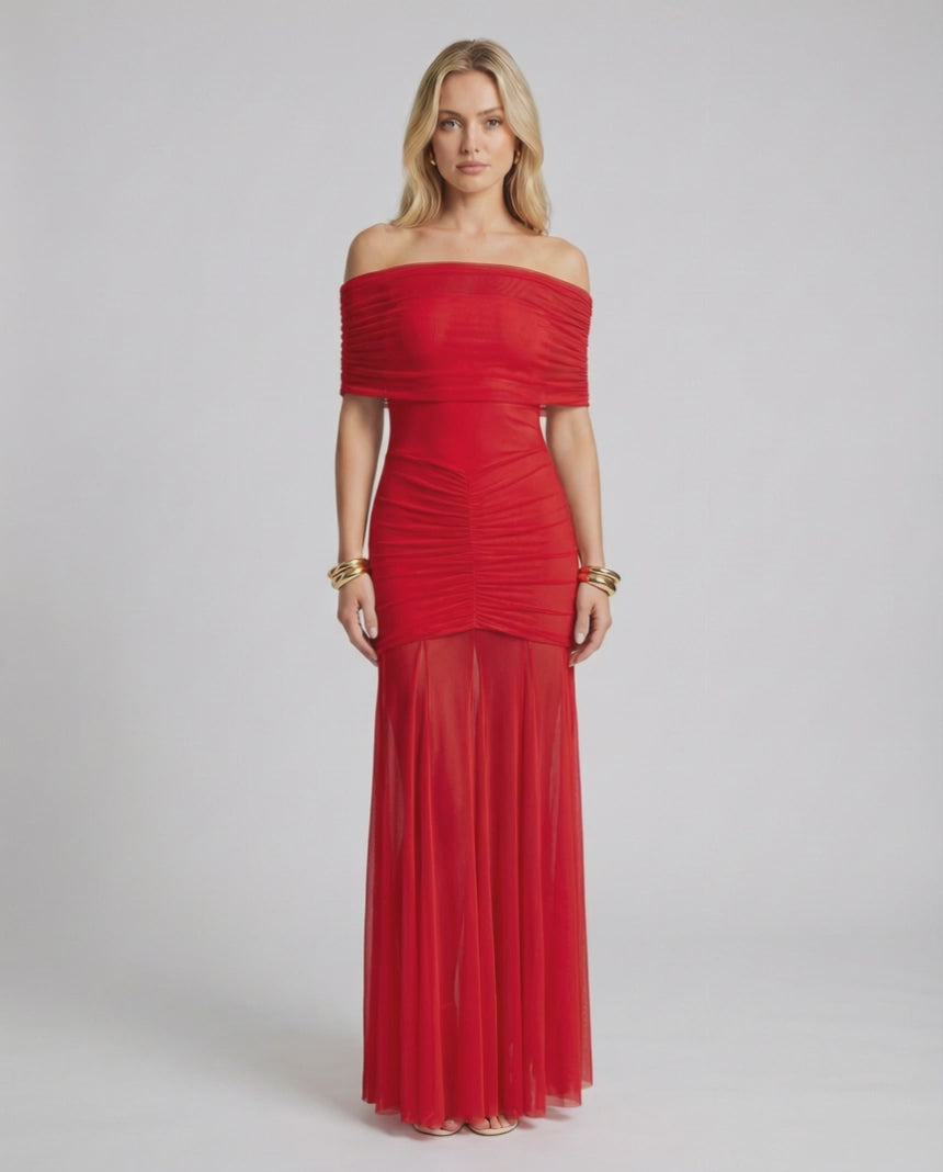 Noirline Maxi Dress by Lauven, off-shoulder, ruched bodice, flowing sheer lower panel, elegant movement.