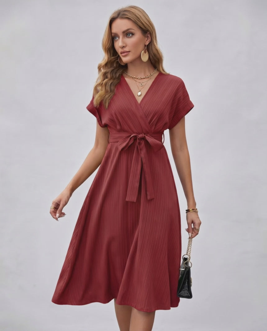 Serene Midi Dress in rich burgundy with pleated fabric, V-neck, self-tie belt by Lauven for a stylish and refined look.