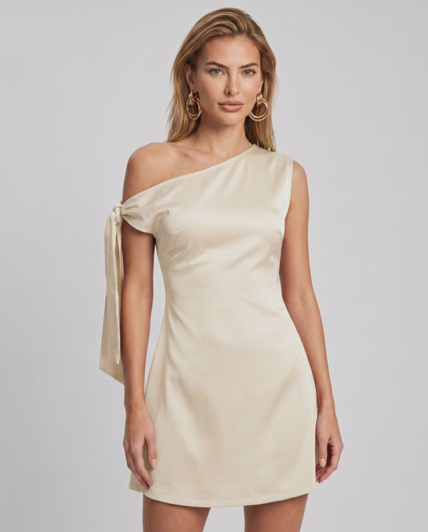 Veloura Mini Dress with satin finish, asymmetric neckline, and A-line silhouette from Lauven.